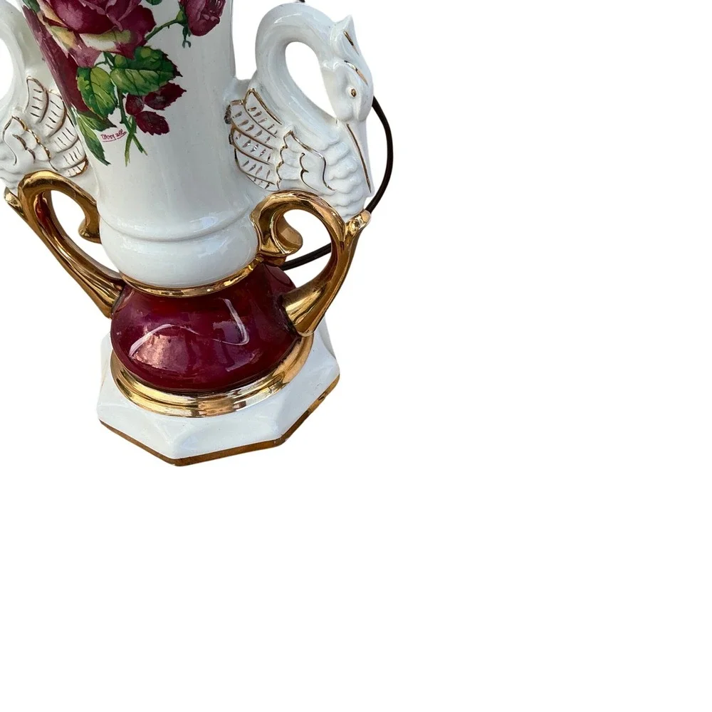 Vintage Swan Handle Ceramic‎ Lamp Floral Rose Design Gold Trim Burgundy White